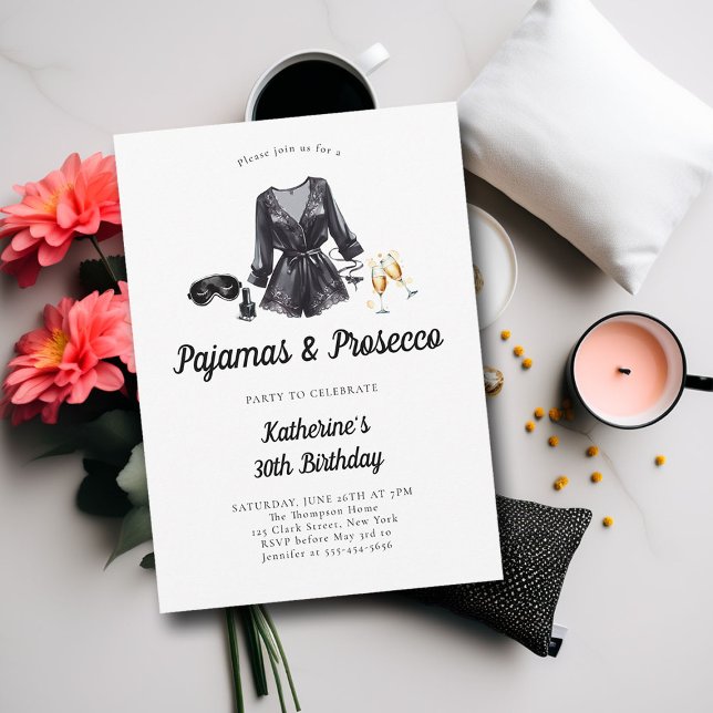 Invitation Pajamas Prosecco PJ Party Sassy Bold 30e anniversa (adult sleepover slumber party 30th birthday invitation elegant sassy black chic watercolor stylish)