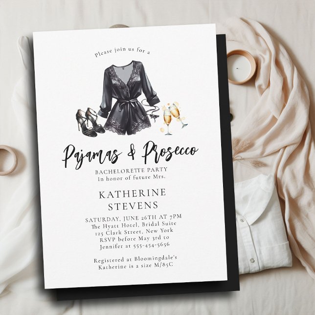 Invitation Pajamas Prosecco PJ's Chic Black Bachelorette Part (pajama pj lingerie bachelorette party invitation black night robe champagne pajamas prosecco elegant)