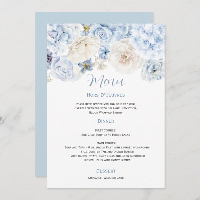 Invitation Pale Blue and White Floral Mariage Menu (Devant / Derrière)