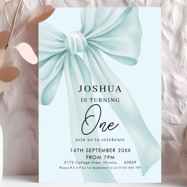Invitation Pale Blue Bow Elégante Première fête d'anniversair (Créateur téléchargé)