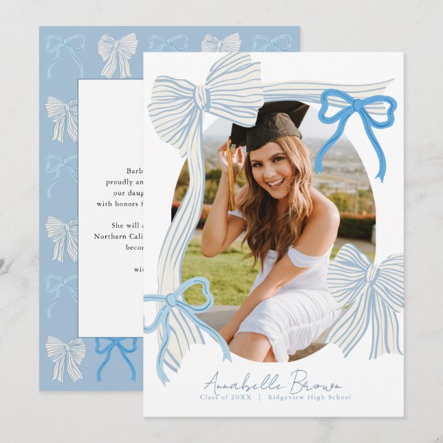 Invitation Pale Blue Bows Photo Text Graduation Announcement (Devant / Derrière)