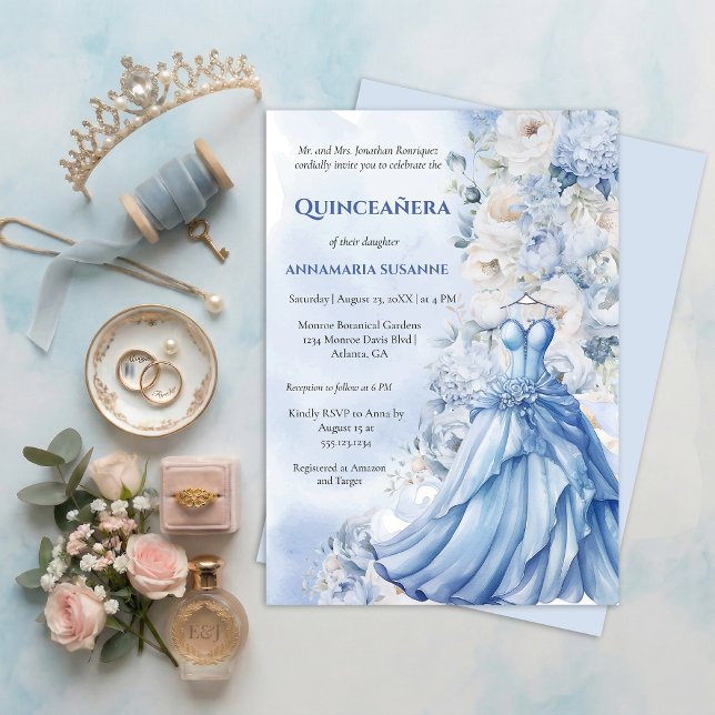 Invitation Pale Blue Floral Quinceañera Ball Gown |  I (Créateur téléchargé)