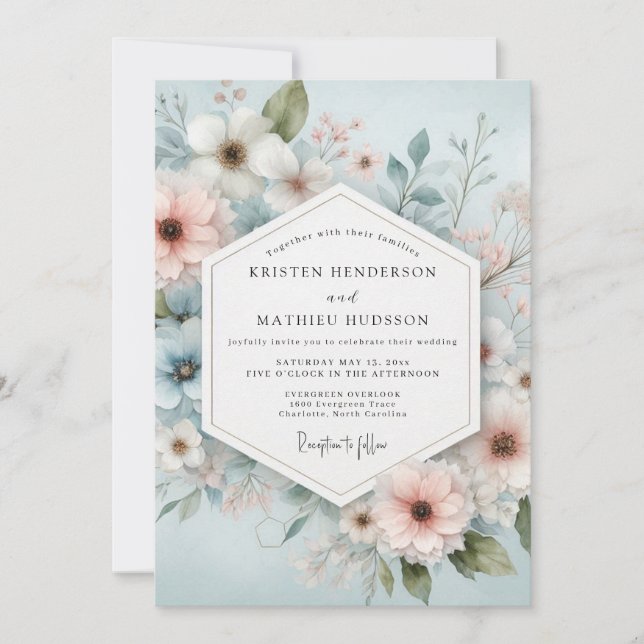 Invitation Pale Blue Floral Romance Wedding (Devant)