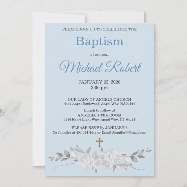 Invitation Pale Blue Floral Watercolor Cross Baptism (Devant)