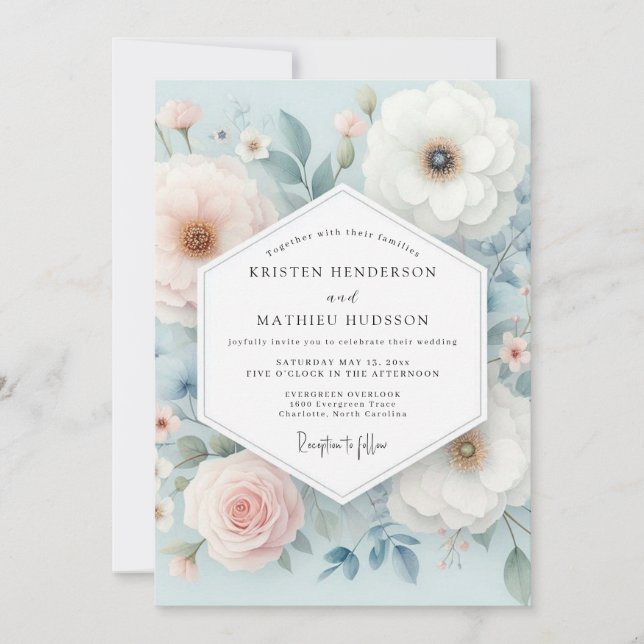 Invitation Pale Blue Floral Whimsy Wedding (Devant)