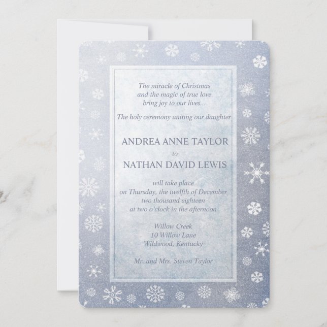 Invitation Pale Blue Snowflakes Élégant Mariage de Noël (Devant)