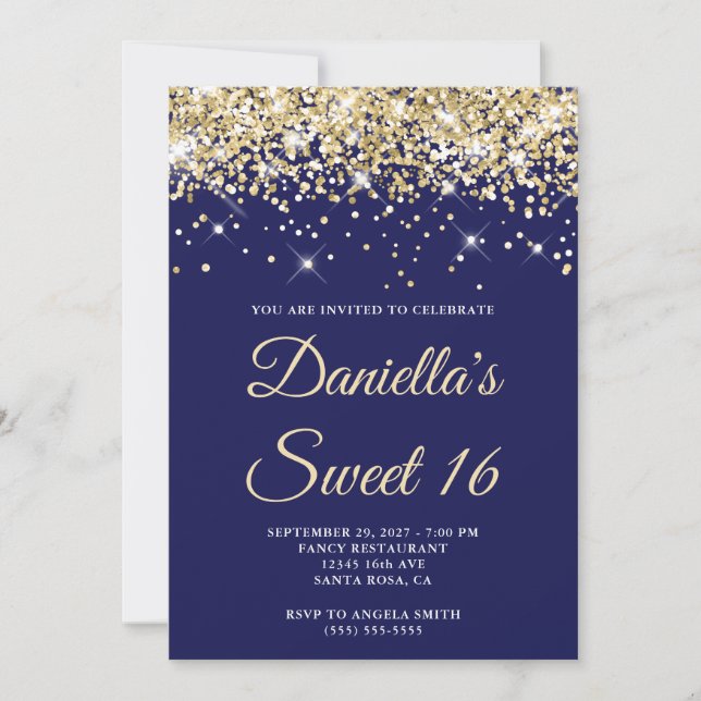 Invitation Pale Gold Glitter Navy Sweet 16 (Devant)