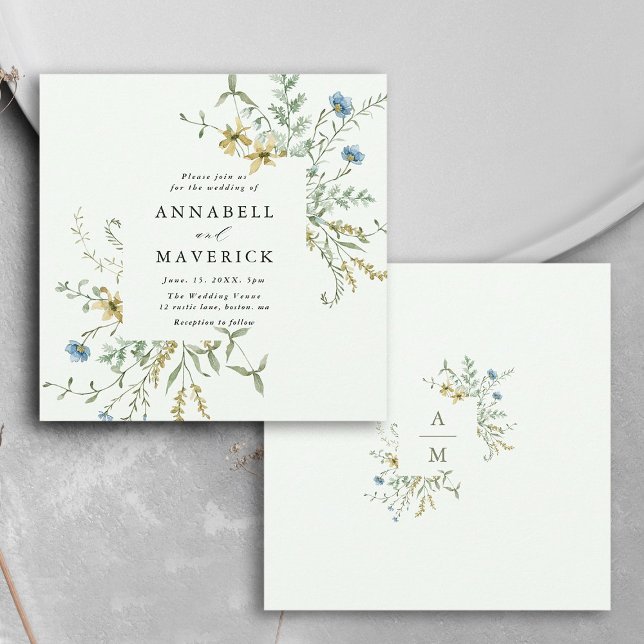 Invitation Pale Green Delicate Fleur sauvage moderne Boho Mar (Front & Back)