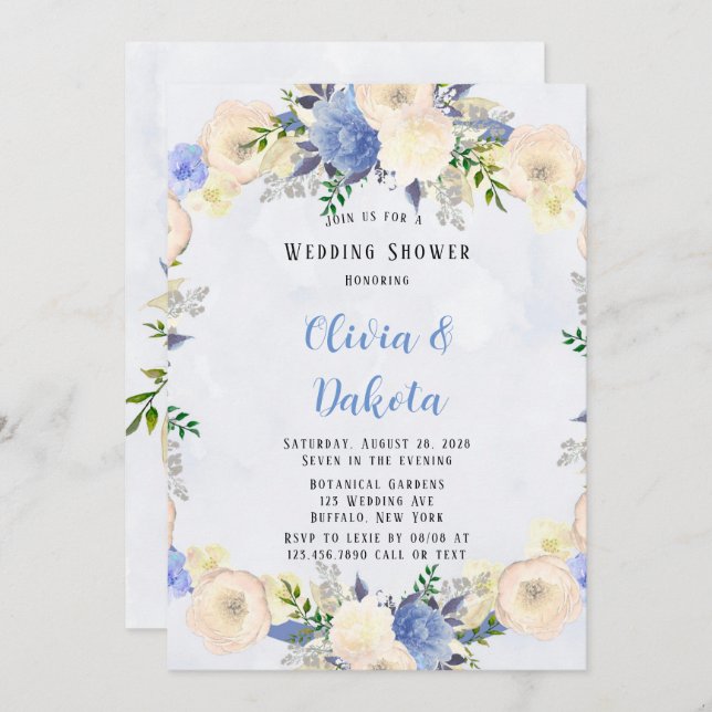 Invitation Pale Jaune Dusty Blue Peony Floral Wedding shower (Devant / Derrière)