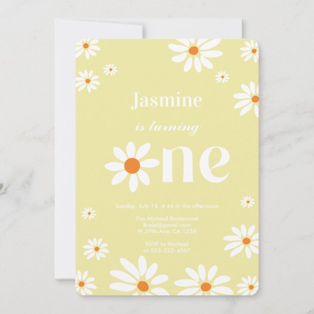 Invitation Pale Jaune Super Fleurs de marguerite 1er annivers (Devant)