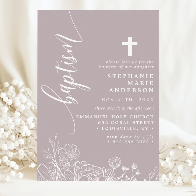Invitation Pâle Lavande Blanc Floral Élégant Écriture Baptême (Créateur téléchargé)