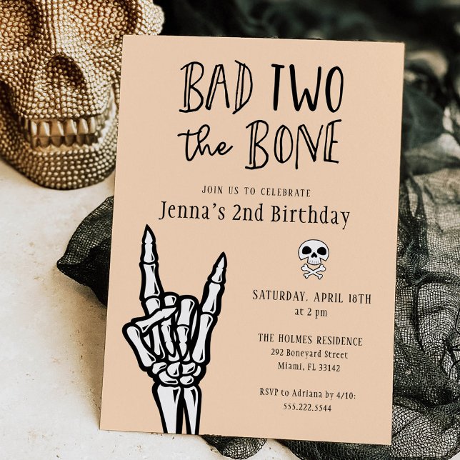 Invitation Pale Peach Bad Deux The Bone 2nd Birday Party (Créateur téléchargé)
