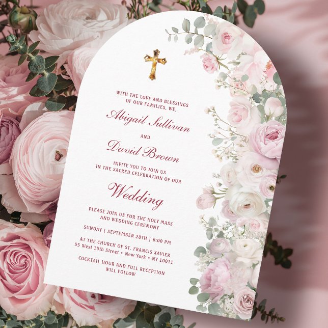 Invitation Pale Pink Flowers Arch Religious Wedding (Créateur téléchargé)