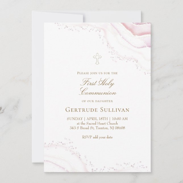 Invitation pale pink marble First Holy Communion (Devant)