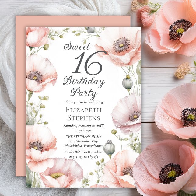 Invitation Pale Pink Poppies Floral Sweet 16 Birthday Party (Boho Elegant Pale Pink Poppies Floral Sweet 16 Birthday Party Invitation - Print | Digital Download)