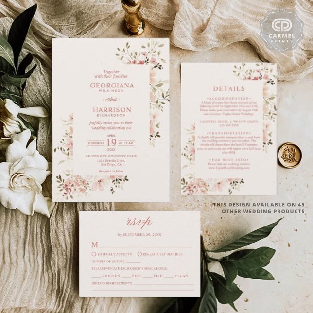 Invitation Pale rose pâle Doux Fleurs de Pêche Floral Mariage (Pale Pink Soft Light Peach Flowers Floral Wedding Invitation)