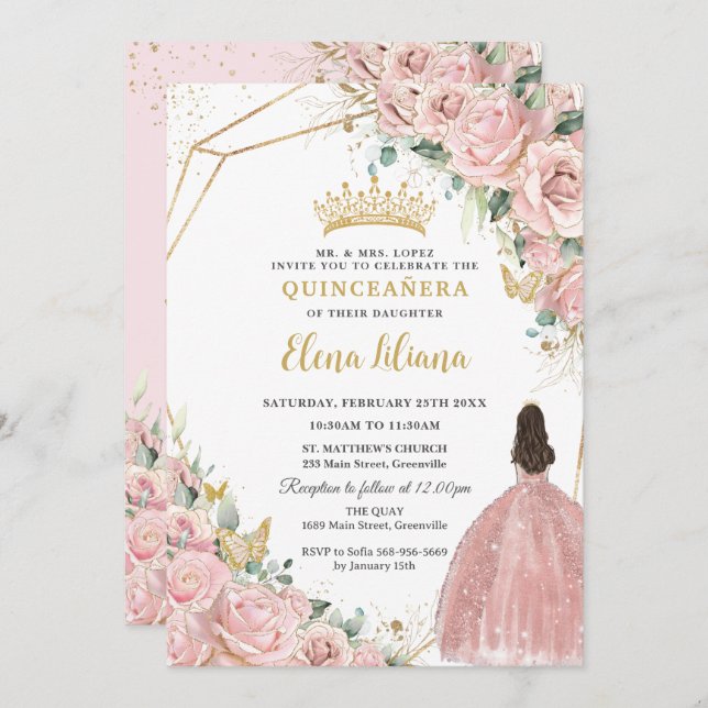 Invitation Pale rose pâle Roses Quinceanera Sweet 16 (Devant / Derrière)