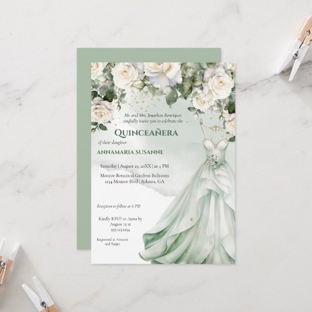 Invitation Pale Sage Green Floral Quinceañera Ball Gown |  I (Devant/Arrière en situation)