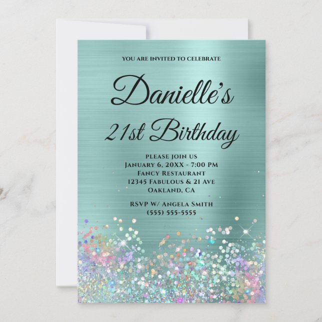 Invitation Pâle Turquoise Feuille Holo Paillettes Monogramme  (Devant)