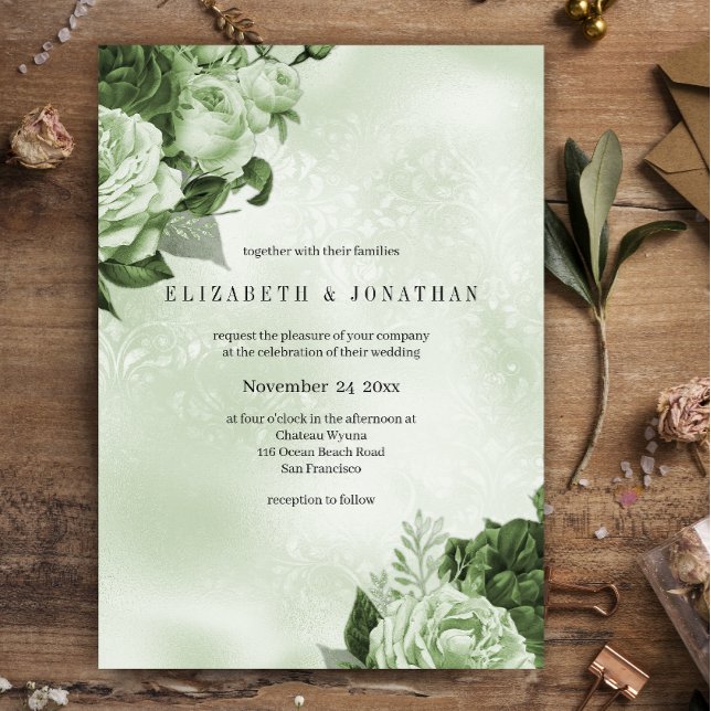 Invitation Pale Vert Vintage Rose Mariage damassé (Créateur téléchargé)