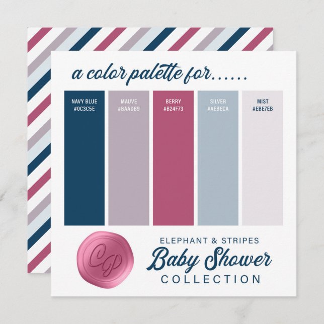 Invitation Palette couleur bleu marine et Baby shower rose (Devant / Derrière)