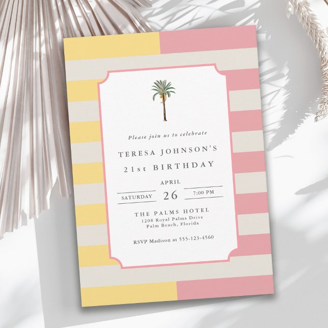 Invitation Palm Beach Pastel Stripe Tropical 21st Birthday (Créateur téléchargé)