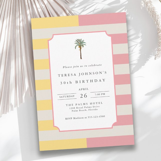 Invitation Palm Beach Pastel Stripe Tropical 30th Birthday (Available in both printed and instant download digital formats.)