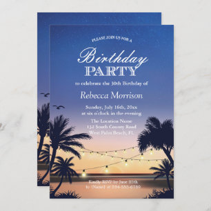 Invitation Palm Beach Sunset String Lights Anniversaire