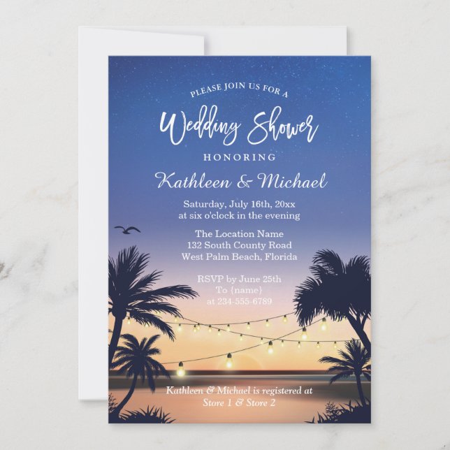 Invitation Palm Beach Sunset String Lights Wedding shower (Devant)