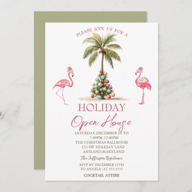 Invitation Palm Christmas Balls Flamants roses Holiday Open H (Devant / Derrière)