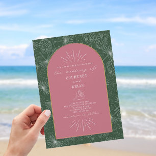 Invitation Palm Feuille Coquillage rose vert Mariage tropical