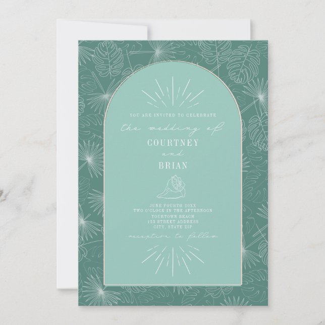 Invitation Palm Feuille Seashell Aqua Mariage tropical (Devant)