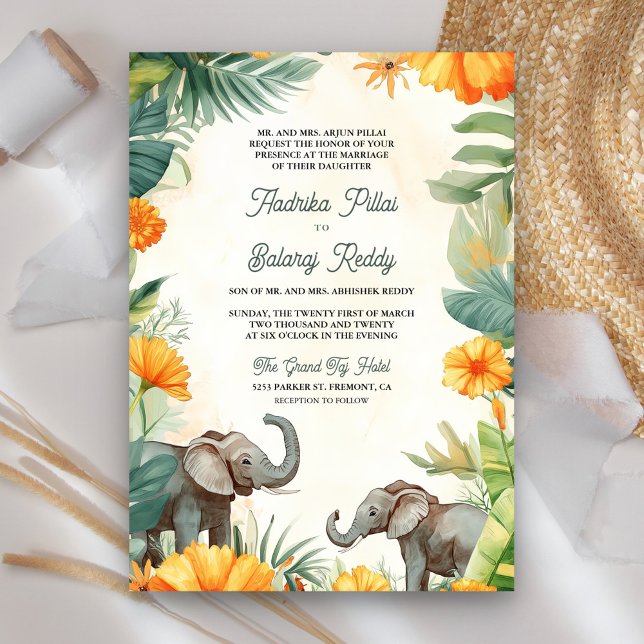 Invitation Palm Feuilles Marigold Elephant Mariage indien du  (Créateur téléchargé)