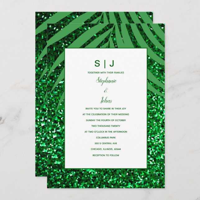 Invitation Palm Leaf Emerald Green Parties scintillant Mariag (Devant / Derrière)