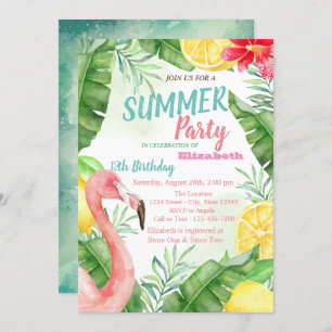 Invitation Palm Leaf, Flamant rose Pool Anniversaire