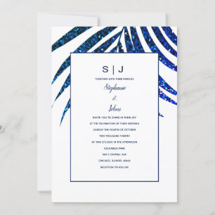 Invitation Palm Leaf Parties scintillant bleue marine Mariage