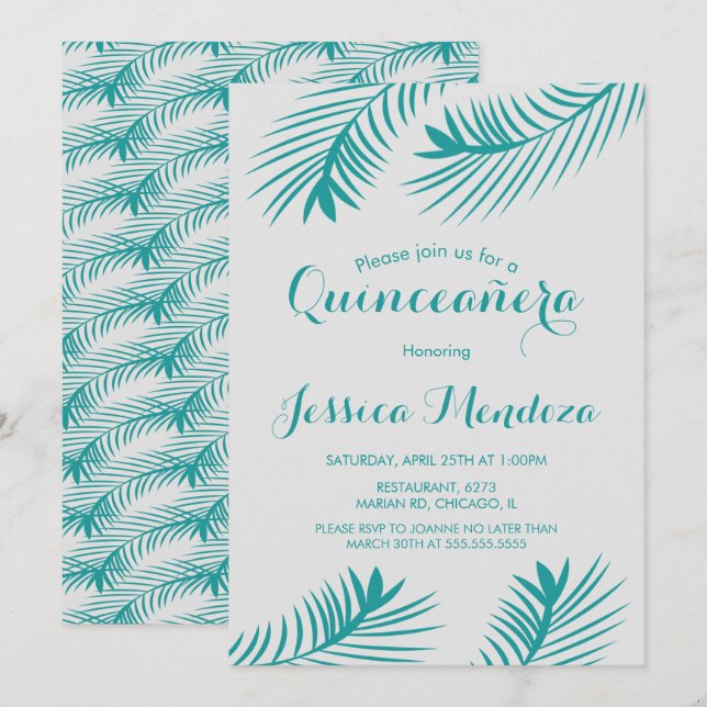 Invitation Palm Leaf verdure Quinceañera Sweet 16 (Devant / Derrière)