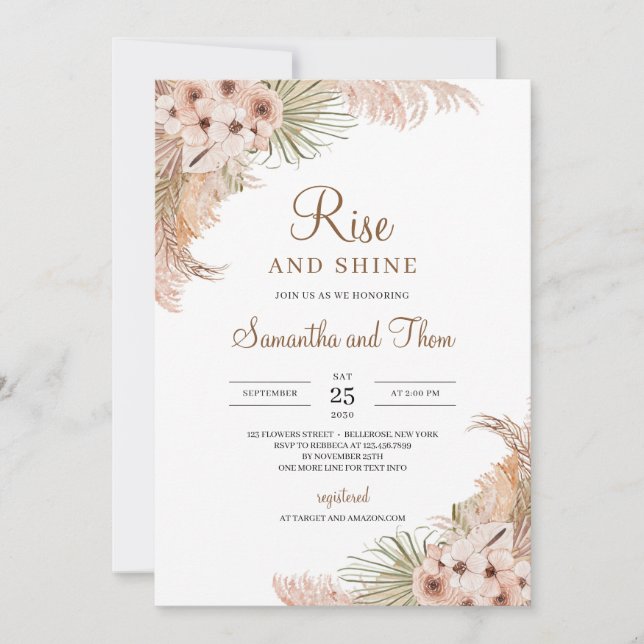 Invitation Palm Séché Pampas Grass Blush Roses Monter et bril (Devant)