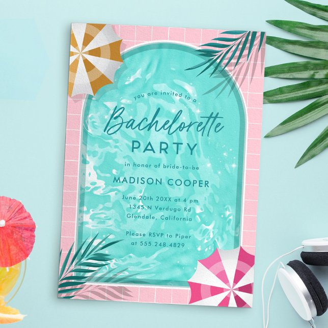 Invitation Palm Springs Bachelorette Piscine Party Rose (Palm Springs bachelorette pool party invitation template)