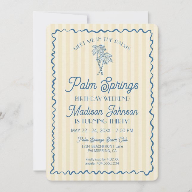 Invitation Palm Springs Jaune Pastel Beach Anniversaire Week- (Devant)