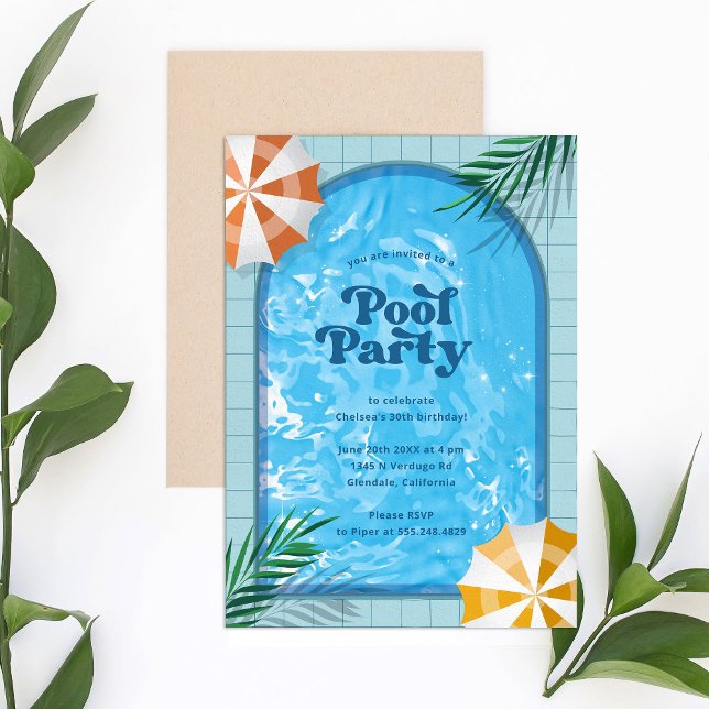 Invitation Palm Springs Pool Party Blue Adulte Anniversaire (Palm Springs pool party invitation for adults.)