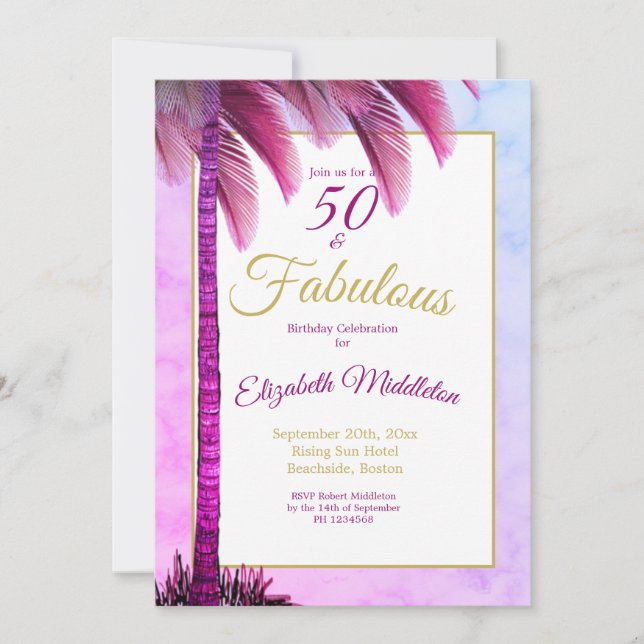 Invitation Palm Tree 50 et fabuleux violet moderne anniversai (Devant)