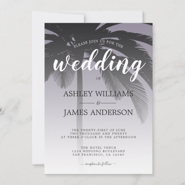 Invitation Palm Tree Ash Purple Beach Mariage (Devant)