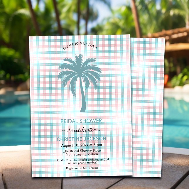 Invitation Palm Tree Azure Rose À damiers Fête des mariées (Créateur téléchargé)