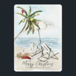 Invitation Palm Tree & Beach Chaises Tropical Holiday Card<br><div class="desc">Cette carte de Noël "Joyeux Noël de ce côté du monde" présente un palmier avec des ornements et des lumières, une paire de chaises de plage sous le parasol sur une plage de sable en aquarelle. Au contraire, les palmiers et l'océan sont aquarellés. Personnalisez-le selon vos besoins. Vous pouvez trouver...</div>