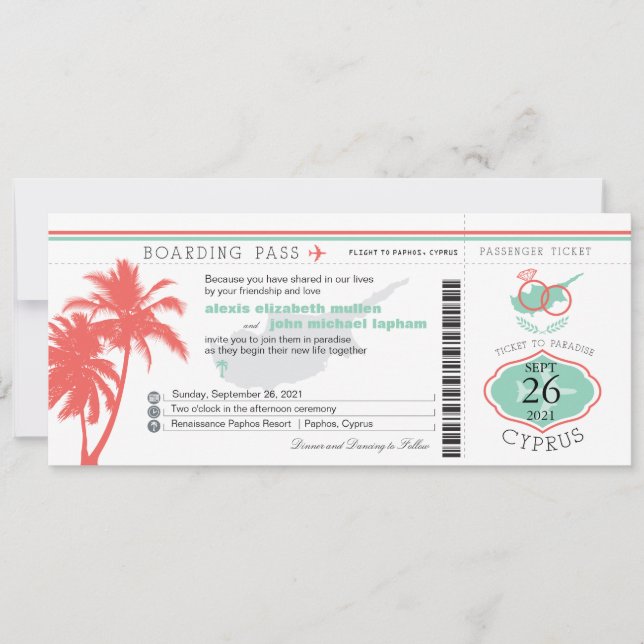 Invitation Palm Tree Boararding Pass à Chypre Mariage (Devant)