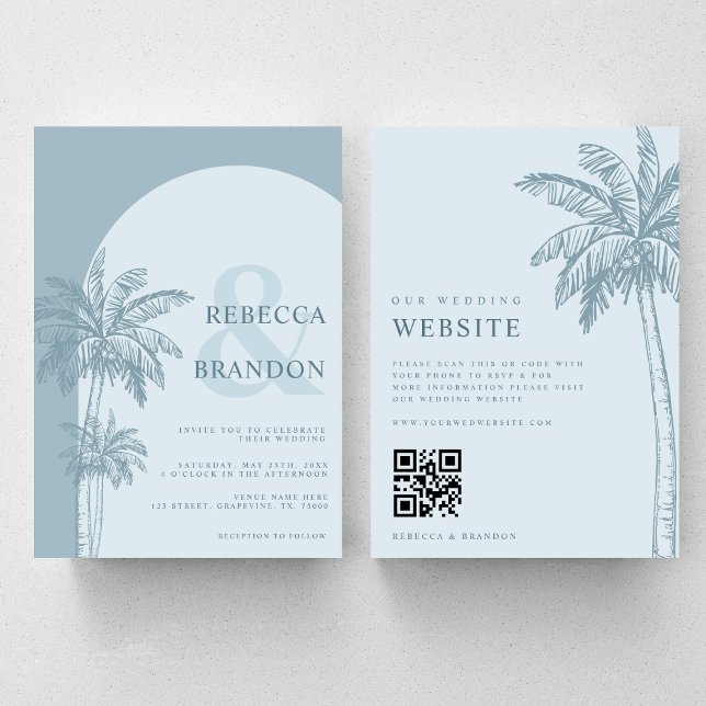 Invitation Palm Tree Boho Beach Dusty Blue QR Code Mariage (Créateur téléchargé)
