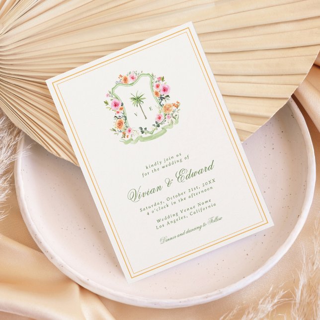 Invitation Palm Tree Crest Monogramme Plage tropicale Mariage (Créateur téléchargé)