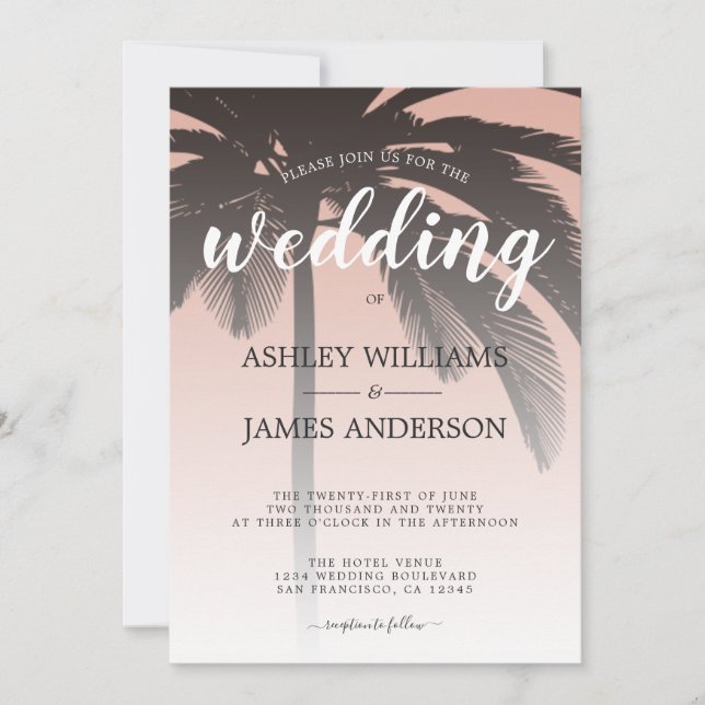 Invitation Palm Tree Dusty Pink Beach Wedding (Devant)