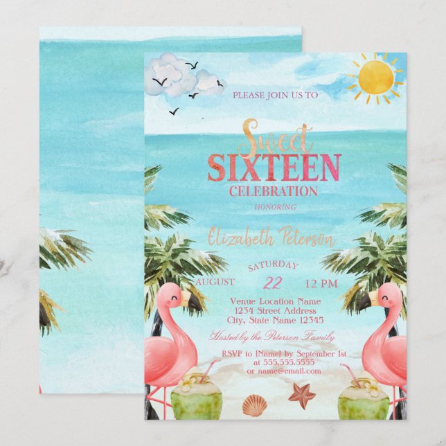 Invitation Palm Tree Flamants roses roses Tropical (Devant / Derrière)